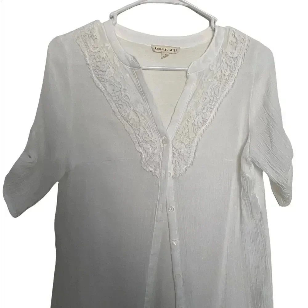 Parallel Skies White Button Up Blouse with Lace Trim Neckline